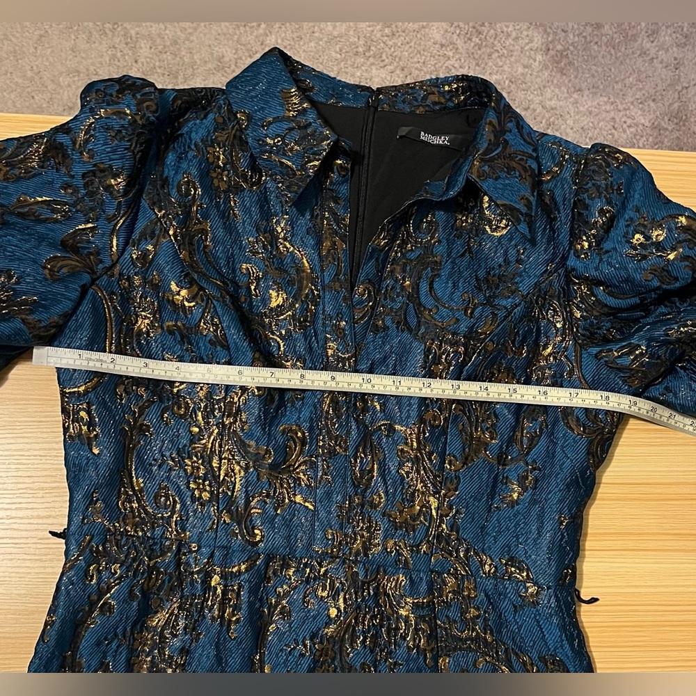 Badgley Mischka Metallic Brocade Jacquard Maxi Dress Blue Gold Puff Sleeve Dress - Picture 11 of 14